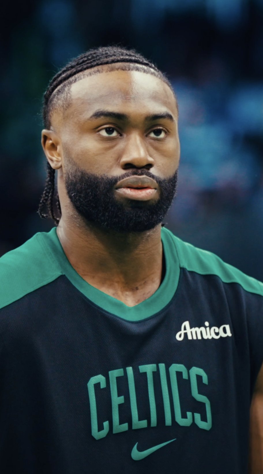 Portrait of Jaylen Brown in a Celtics warmup jersey