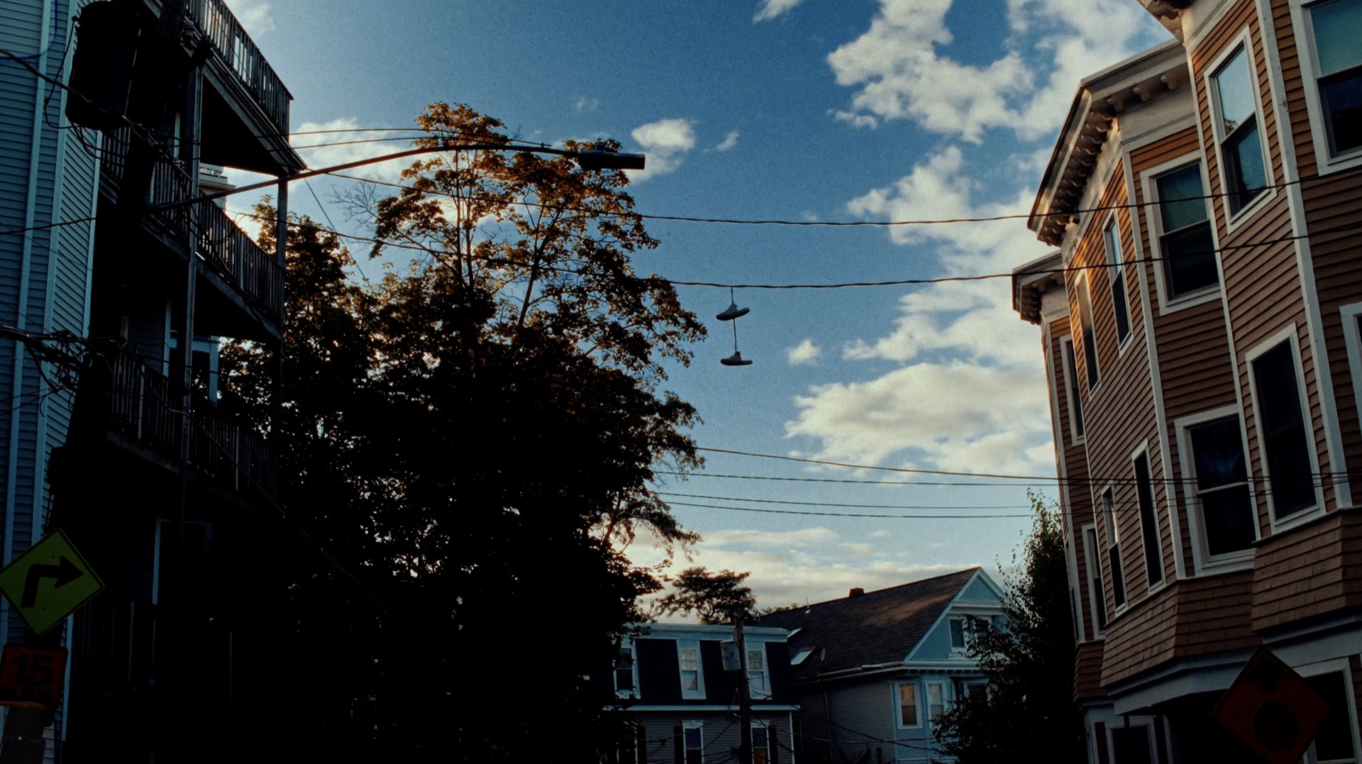 Sneakers hanging on a power line