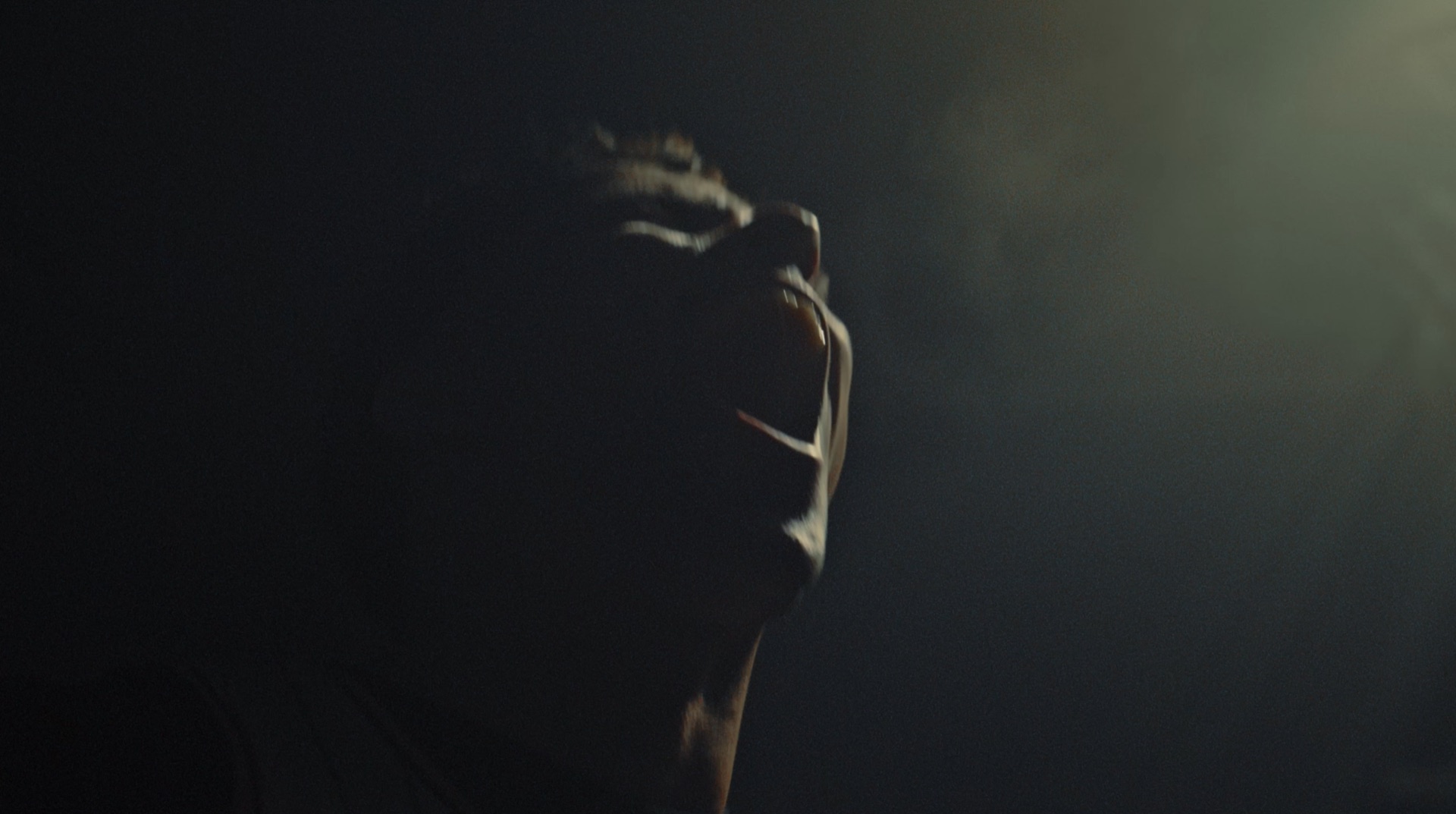 Close-up profile silhouette, warm rim light along the hairline