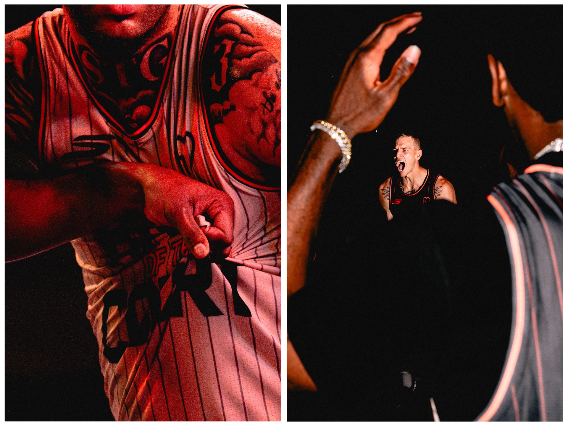 Diptych: close-up of a tattooed jersey collar and a player shouting mid-celebration