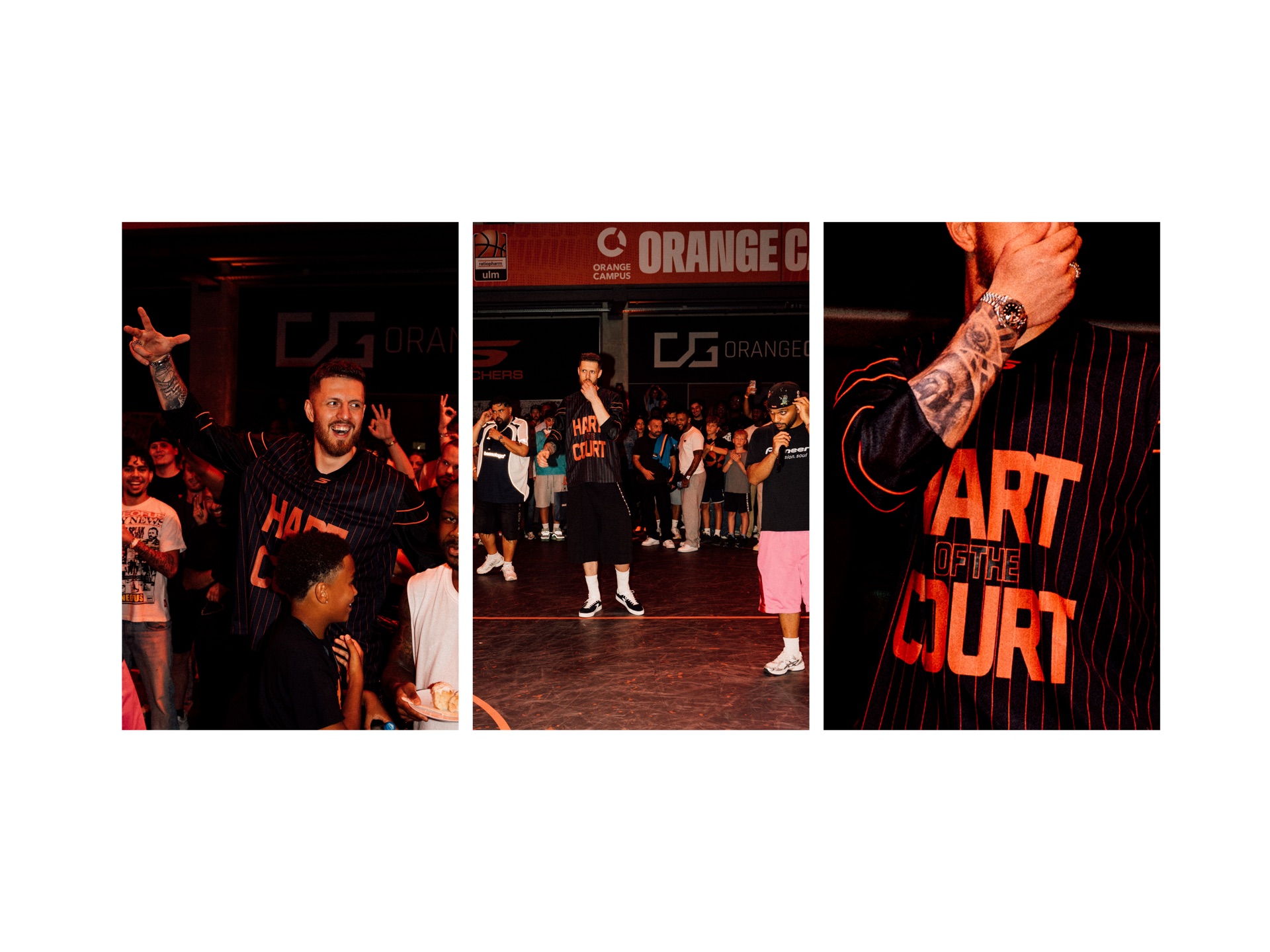 Diptych: a player celebrating with fans, and two players addressing the crowd courtside