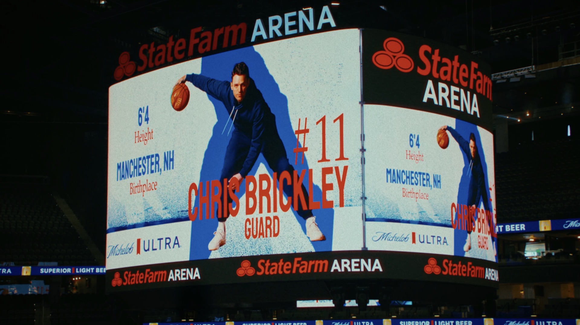 Arena jumbotron graphic: Chris Brickley, Guard #11, State Farm Arena, Michelob Ultra