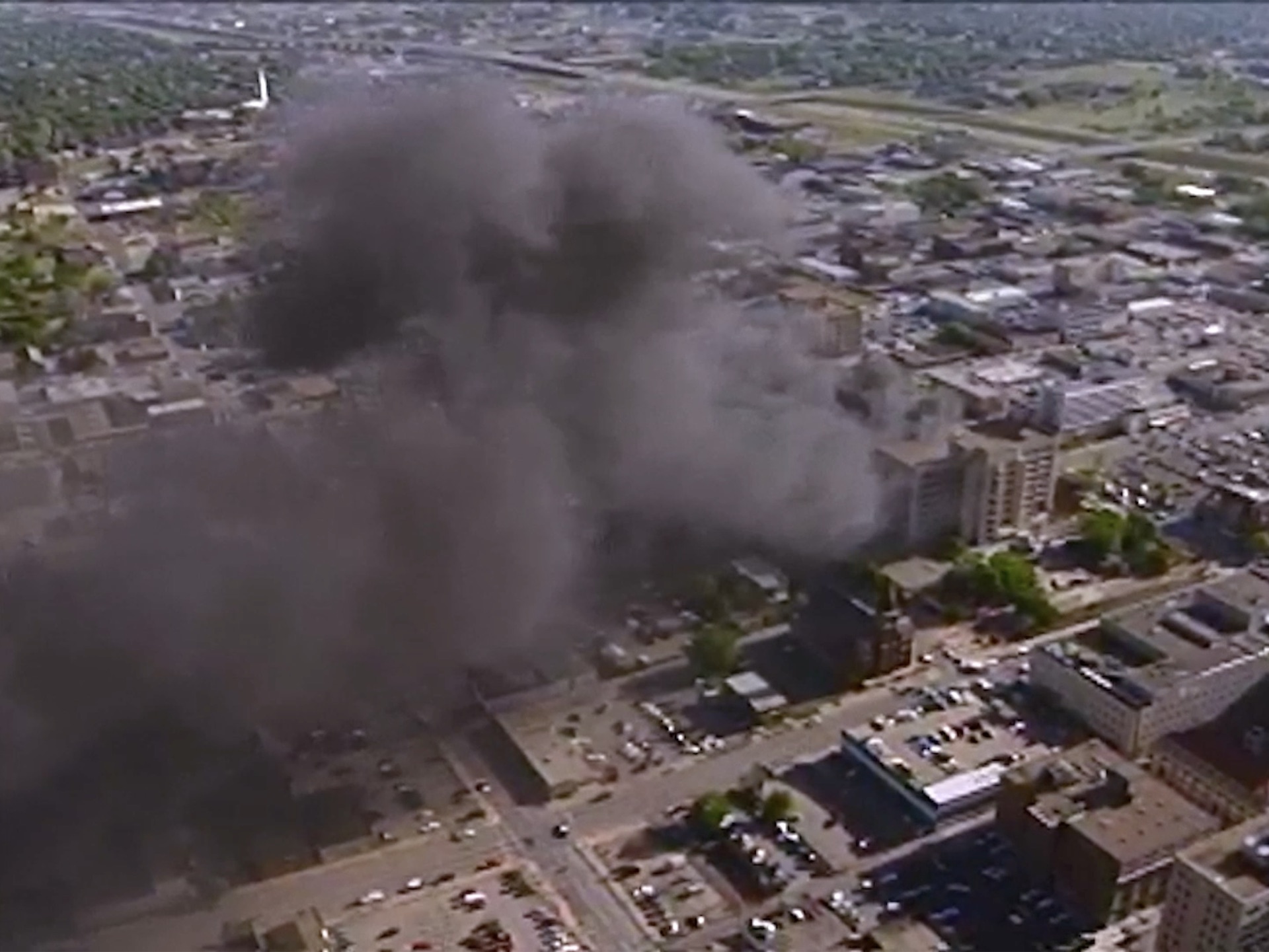 Archival aerial footage of smoke over downtown Oklahoma City after the 1995 bombing